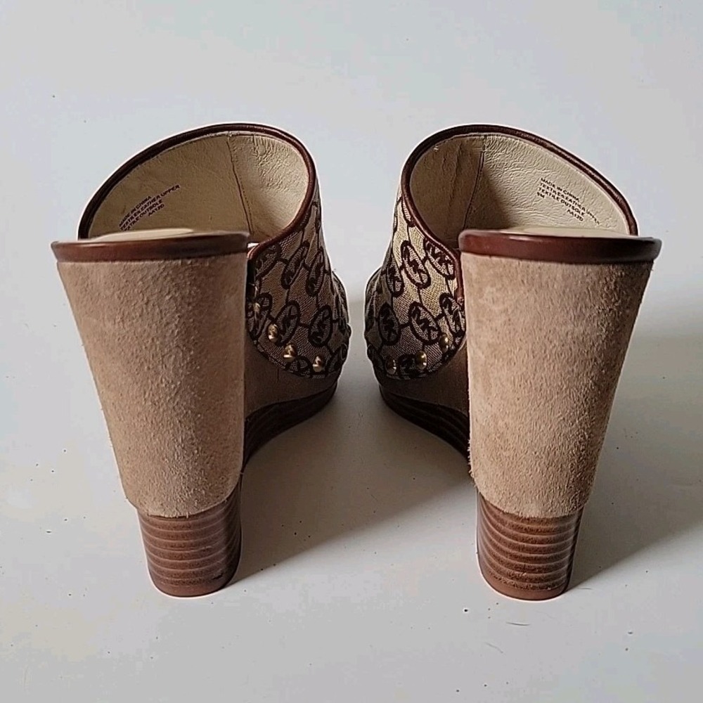 Michael Kors Belinda Open Toe Mules 9M Logo Canvas Suede Leather Platform Wedge - Picture 3 of 15